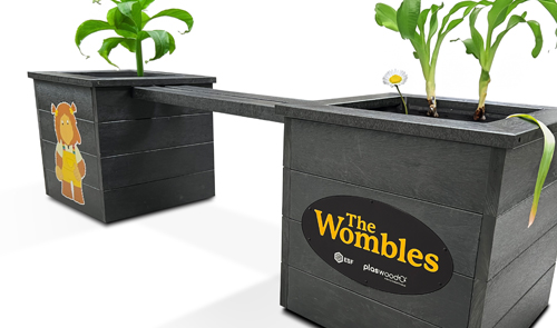 Recycled plastic planter seat bench with the Wombles